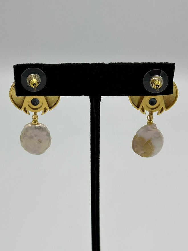 Ladybug Earrings in 18k gold with natural blue calcite and pearl