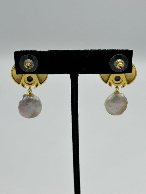 Ladybug Earrings in 18k gold with natural black tourmaline and pearl