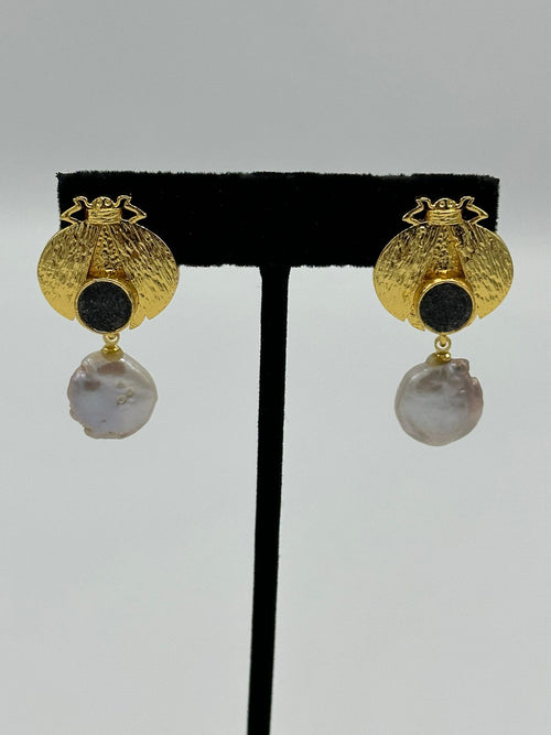 Ladybug Earrings in 18k gold with natural black tourmaline and pearl