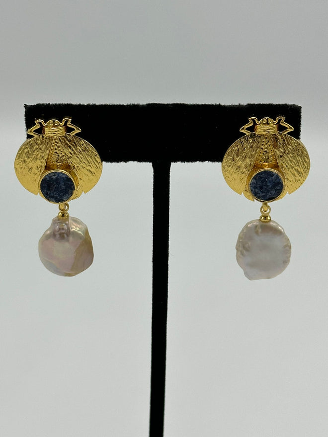 Ladybug Earrings in 18k gold with natural blue calcite and pearl