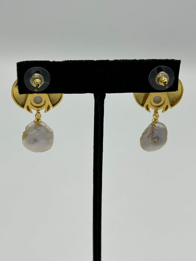 Ladybug Earrings in 18k gold with natural crystal quartz and pearl