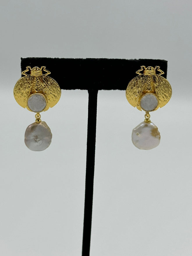 Ladybug Earrings in 18k gold with natural crystal quartz and pearl