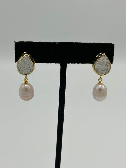 Tear Drop Earrings in 18k gold with natural crystal quartz and pearl